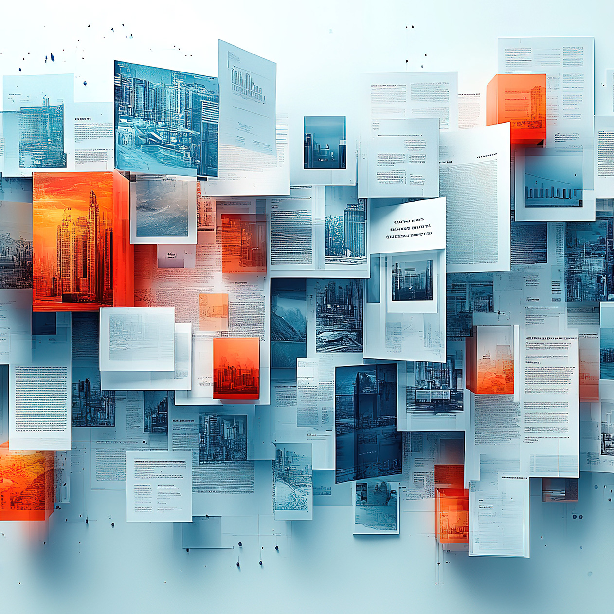 A complex arrangement of floating documents and translucent cubes showcasing city scenes.  The image evokes a sense of information flow and interconnectedness.